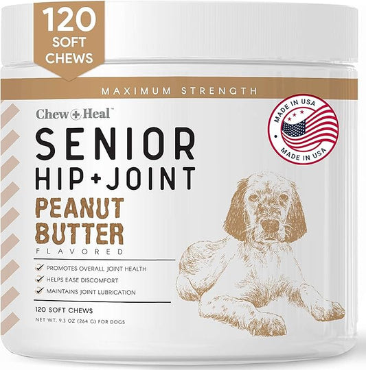 Glucosamine for Dogs Hip and Joint Supplement - 120 Soft Chews for Senior Dogs with Glucosamine, Chondroitin, MSM, and Omegas - for Mobility, Cartilage, and Joint Health - Peanut Butter Flavor