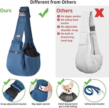 CUBY Dog and Cat Sling Carrier - Small Dog Carrier Sling with Adjust Strap & Zip Pocket, Hands Free Soft Dog Slings for Small Dogs Cats Puppy Pets Outdoor Travel Safety Purse Bag (navy blue)