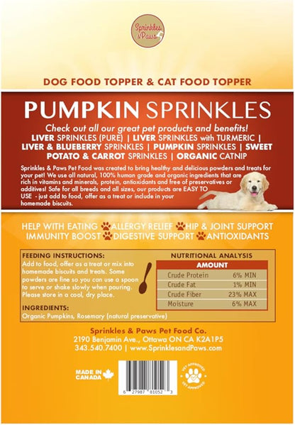 Sprinkles & Paws Pumpkin Sprinkles | Pumpkin Powder for Dogs | Dog Food Topper Made with Organic Pumpkins | Digestive Health, Allergy Relief, Skin & Coat | Add to Food or Kibble as Meal Mixer