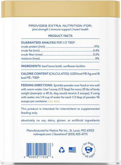 Native Pet Bone Broth for Dogs and Cats – Dog Bone Broth Powder for Dog Food Topper for Picky Eaters – Cat and Dog Broth - Dog Gravy Topper for Dry Food – Beef Broth for Dogs and Cats – 9.5 oz