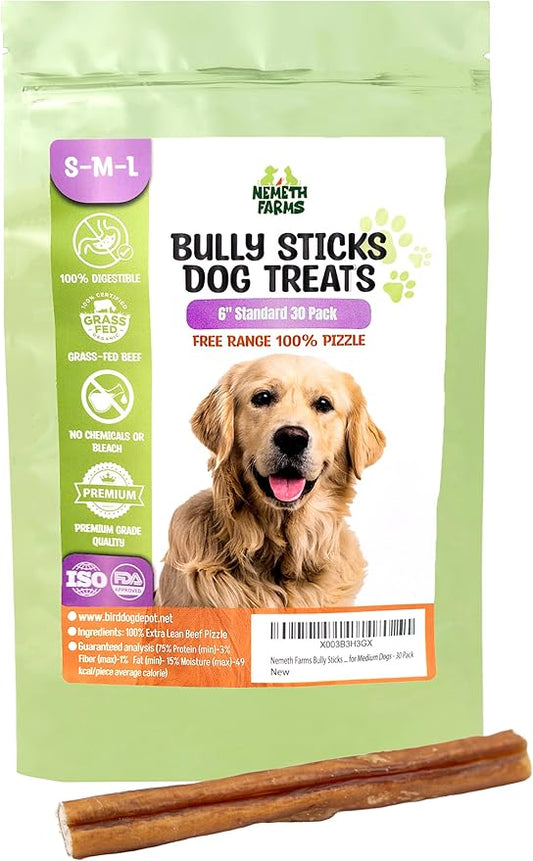 Premium European Beef Bully Sticks 6" - 100% Extra Lean Bully Bones Rawhide-Free & Odor-Free Dog Treats for Small, Medium and Large Dogs | Long Lasting Dental Dog Chews - Pack of 30