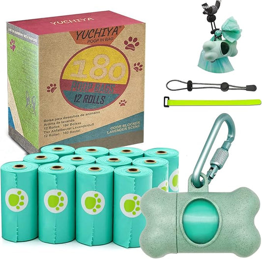 Dog Poop Pickup Bags Holder Dispenser with Standard-Sized Leak-Proof Scented Doggy Waste Bags and Carabiner with Safety Lock&Fastener Never Loose on Leash Lead Again (1 Holder 195 Bags, Blue)