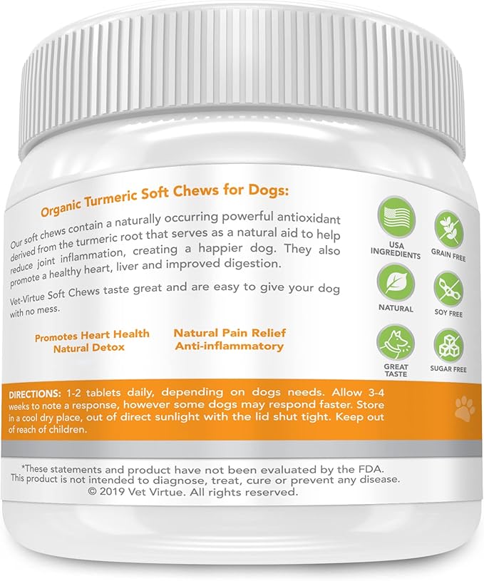 Turmeric for Dogs - Organic Turmeric with Curcumin, Hip and Joint Supplement Dogs Soft Chew, with Collagen and Bioprene, High Absorption Eliminates Joint Pain Inflammation - 60 Count