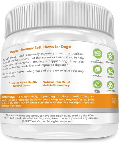 Turmeric for Dogs - Organic Turmeric with Curcumin, Hip and Joint Supplement Dogs Soft Chew, with Collagen and Bioprene, High Absorption Eliminates Joint Pain Inflammation - 60 Count