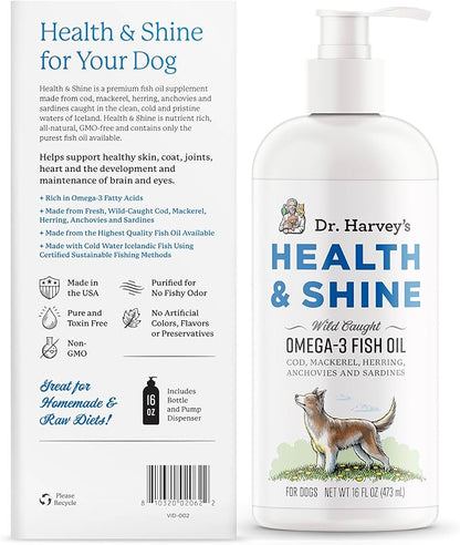Dr. Harvey’s Health & Shine Omega 3 Fish Oil for Dogs from Wild Caught Cod, Mackerel, Herring, Anchovies and Sardines - Supports Beautiful Fur, Strong Joints and Itchy Allergy Relief (16 FL OZ)