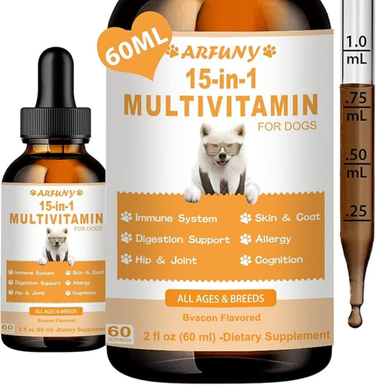 15 in 1 Multivitamin for Dogs | 60ML Dog Multivitamin Liquid Support Joint, Gut & Immune Health | Dog Liquid Vitamins for Digestion, Heart, Skin & Coat | Vitamin Supplements for Dogs | Bacon Flavor