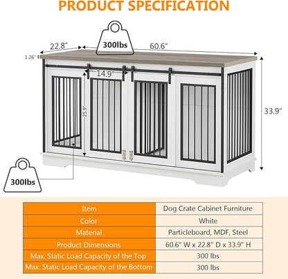 2-in-1 Double Dog Crate Furniture for 2 Dogs 60.6 Inch White Sturdy Double Dog Kennel TV Stand with Divider and Sliding Doors