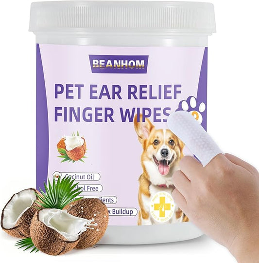 Dog Ear wipes Finger - Ear Finger Wipes for Dogs & Cats - Pet Ear Cleaning Finger Wipes - Sooths & Deodorizes, Prevent Ear Itch & Inflammation – Fresh Coconut Scent, All Natural Ingredients - 60 Count