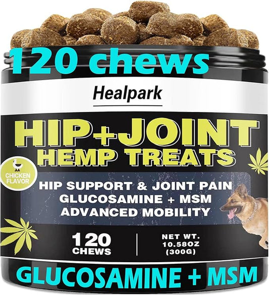 Hemp Hip and Joint Supplement for Dogs - Glucosamine for dogs - Chondroitin, Hemp Oil, MSM & Turmeric - Support Joint Mobility, Joint Pain Relief, Hip Dysplasia, Arthritis Health Care - 120 Chews