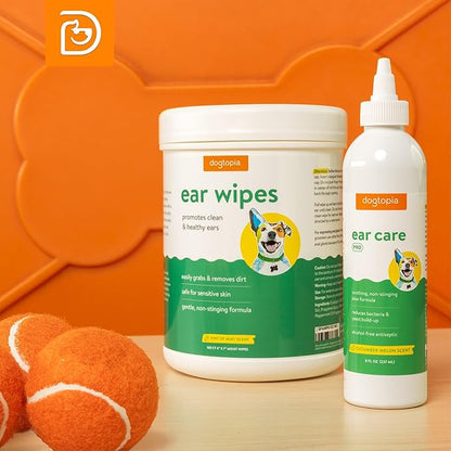 Ear Wipes and Ear Care Pro Solution for Pets | Gentle Ear Wipes (160 count) and Ear Care Solution (8oz) for Dogs and Cats | Non-Stinging Ear Duo