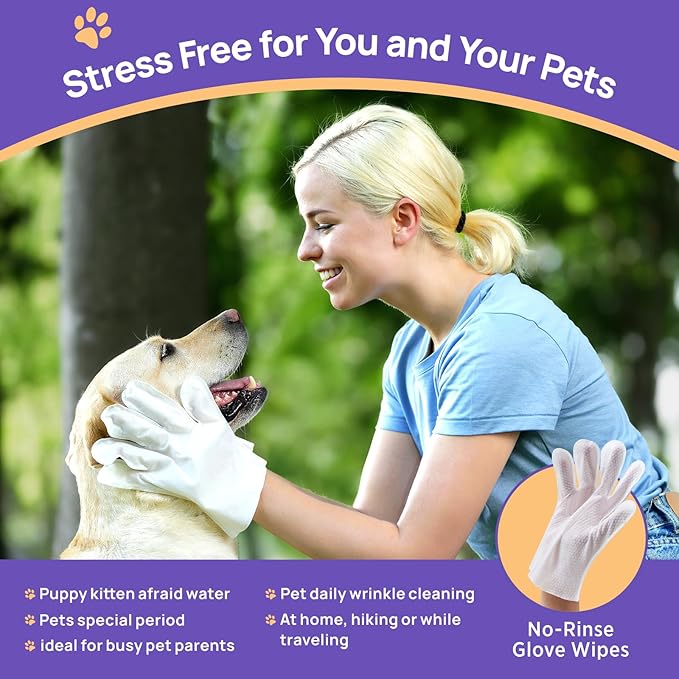 HICC PET Cleaning Deodorizing Bathing Wipes for Dogs & Cats, Hypoallergenic Dog Cleaning Glove Wipes with Coconut Oil Nourishing Grooming Fur, Cat Cleaning Wipes for Daily Care and Traveling
