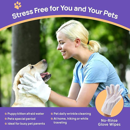 HICC PET Cleaning Deodorizing Bathing Wipes for Dogs & Cats, Hypoallergenic Dog Cleaning Glove Wipes with Coconut Oil Nourishing Grooming Fur, Cat Cleaning Wipes for Daily Care and Traveling