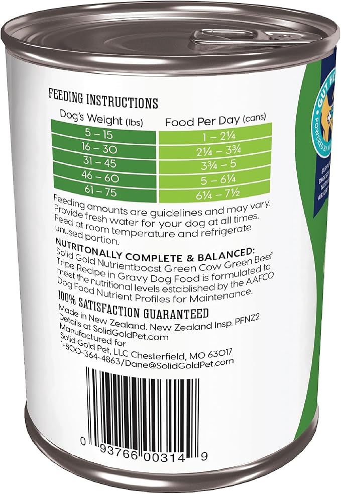 Solid Gold Green Cow Wet Dog Food Mix in for Adult & Senior Dogs for Picky Eaters - Canned Dog Food Additive with Beef Tripe for Healthy Digestion & Sensitive Stomach 12 Pack/13.2 oz Cans