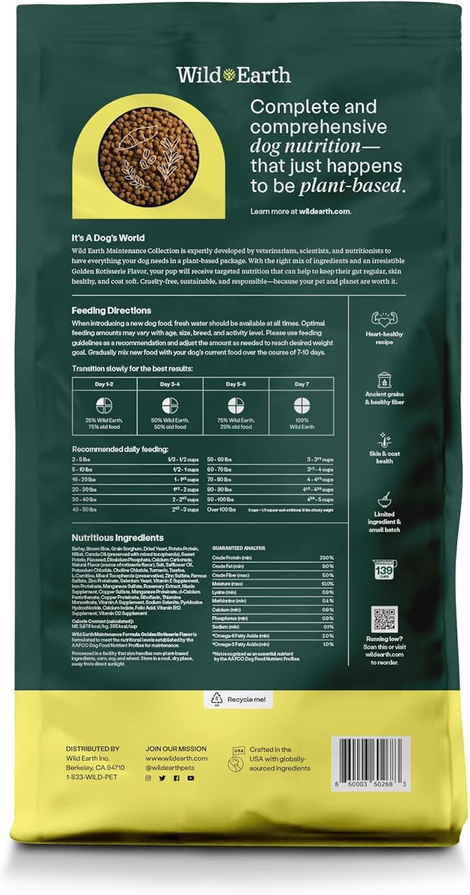 Wild Earth Vegan Dry Dog Food | Plant-Based Maintenance Formula | Vegetarian, Allergy Relief, Veterinarian-Developed for Complete Nutrition | Golden Rotisserie Flavor, 28 Pound Bag