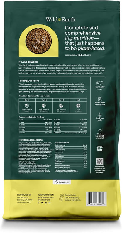 Wild Earth Vegan Dry Dog Food | Plant-Based Maintenance Formula | Vegetarian, Allergy Relief, Veterinarian-Developed for Complete Nutrition | Golden Rotisserie Flavor, 28 Pound Bag