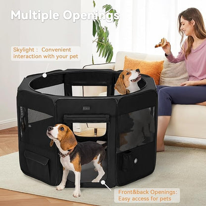 PETSFIT Dog Playpen, 45.5" Sturdy Pop Up Dog Kennel Foldable Dog Pen Indoor Outdoor Puppy Playpen for Medium Dogs Cats with Traveling Bag Zipper Sealed Removable Mesh Top Leakproof Bottom Mat Black L