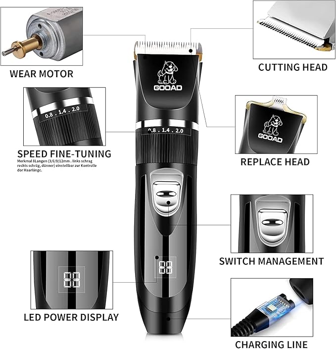 Dog Clippers Grooming Kit and Paw Trimmer,Cordless,Low Noise, Electric Quiet,Rechargeable, Pet Hair Clippers for Thick Coats,Dog Trimmer Grooming, Shaver for Small and Large Dogs Cats,Black