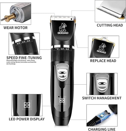 Dog Clippers Grooming Kit and Paw Trimmer,Cordless,Low Noise, Electric Quiet,Rechargeable, Pet Hair Clippers for Thick Coats,Dog Trimmer Grooming, Shaver for Small and Large Dogs Cats,Black