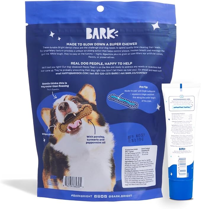 Bark Bright Durable Dental Chews Kit - Dog Tooth Brushing Treatment with Teeth Cleaning Chew Sticks & Toothpaste - Plaque & Tartar Remover for Cleaner Teeth & Fresh Breath - Medium Breeds - 15 Chews