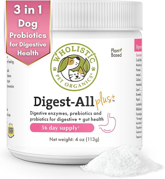 Wholistic Pet Organics: Dog Probiotics and Digestive Enzymes Powder - 4 oz - Dog Digestive Support Supplement Prevents Upset Stomach Gut Health - Digest all Probiotics for Dogs and Cats Stool