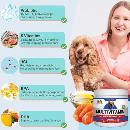Multivitamin Dog Supplement with Glucosamine, Probiotics, Fish Oil - Promotes Healthy Skin and Coat, Supports Joint Health, Allergy Relief and Digestive Function (Chicken Flavor 120 Ct)…