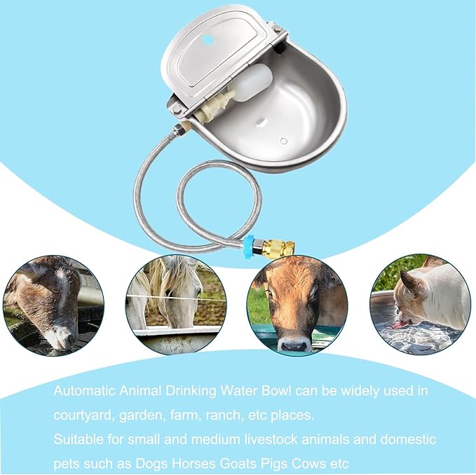 Automatic Animal Drinking Water Bowl 304 Stainless Steel Waterer with Float Valve Farm Dog Dispenser Kit Livestock Water Trough Dispenser for Dog Horse Pig Cow, Goat Waterer