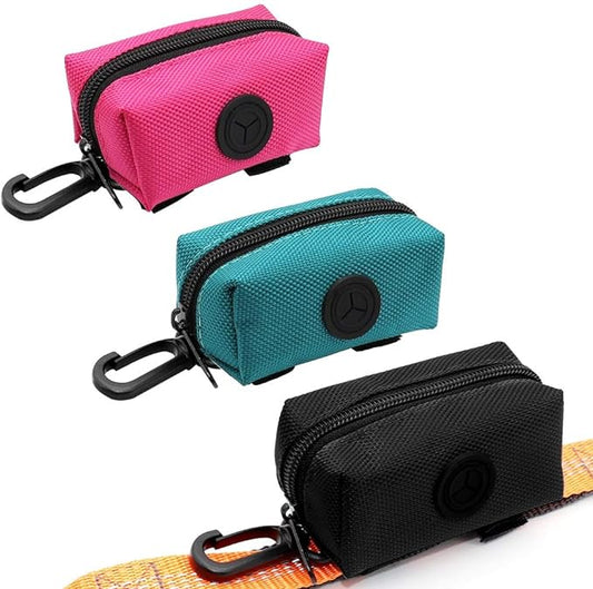 SLOSN 3 Pack Pet Waste Bag Dispenser Dog Poop Bag Holder with Zippered Portable Dog Poop Bag Holder with Hook for Leash,Great Accessory for Walking, Running with Dog (RoseRed Green Black)