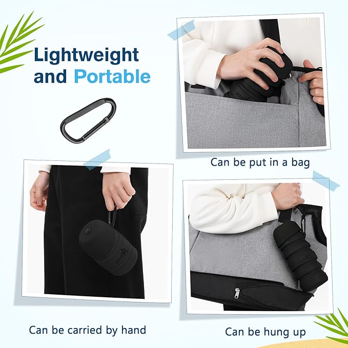 Pecute Dog Water Bottle Portable, 29oz Dog Foldable Water Bottle with Folding Bowl, Carabiner Clip, 5 Levels Capacity, 100% Food Grade Silicone, Dog Water Bottle for Outdoor Walking, Travel (Black)
