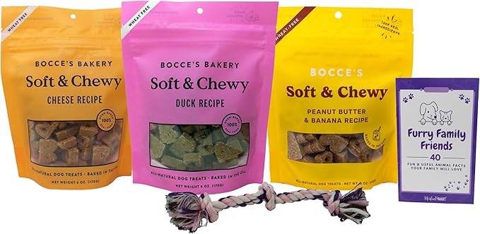 Bocce's Bakery Soft & Chewy Dog Treats 3 Flavor Variety - (1) Each: Cheese, Duck, Peanut Butter Banana (6 Ounces) - Plus Rope Toy and Fun Animal Facts Booklet Bundle