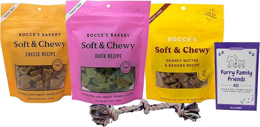 Bocce's Bakery Soft & Chewy Dog Treats 3 Flavor Variety - (1) Each: Cheese, Duck, Peanut Butter Banana (6 Ounces) - Plus Rope Toy and Fun Animal Facts Booklet Bundle