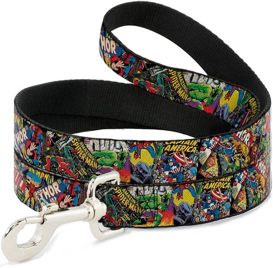 Buckle-Down Dog Leash Retro Marvel Comic Books Stacked Close Up 4 Feet Long 1.0 Inch Wide, Multicolor (DL-WAV035)