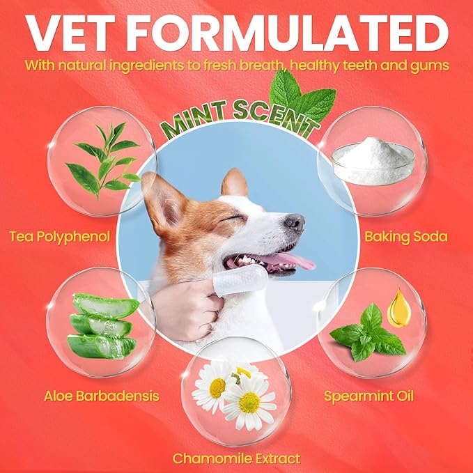 Dog Teeth Cleaning Wipes, Freshen Oral Odor & Remove Tartar Buildup, Disposabl Dog Dental Care Finger Wipes for Cleaning & Gum Care, Universal for Dogs & Cats, 50 Counts (Mint Flavor)