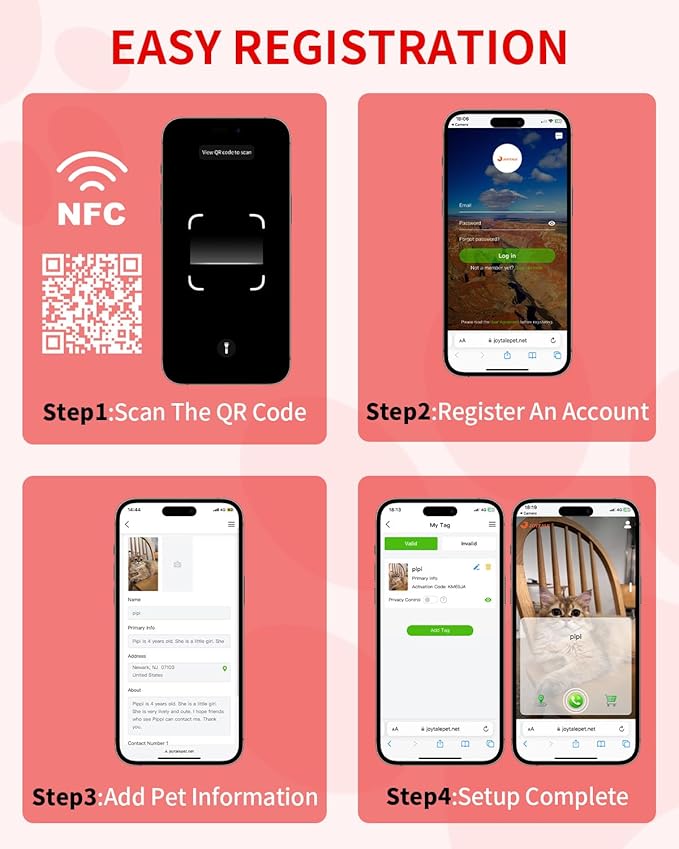 Joytale [ NO APP Required ] Silent Silicone QR Code Dog Tag, Slide On Dog Tags for 3/8-5/8 Inch Wide Collars or Vest, NFC Pet Online Profile, Scan QR to Send Location Alert Email, Red, S