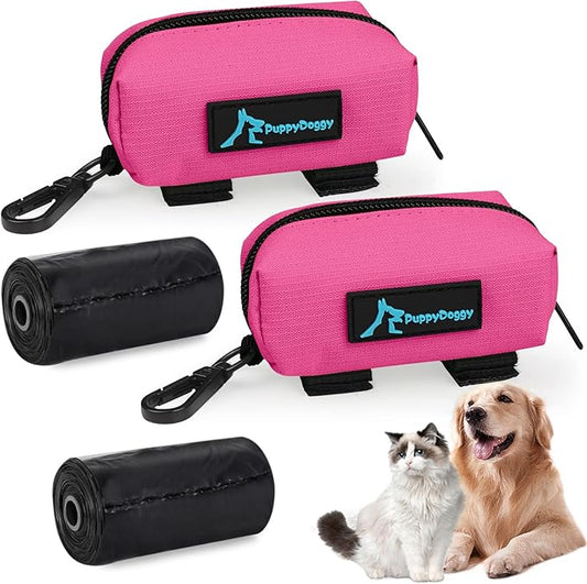 PuppyDoggy 2 Pack Poop Bag Holder for Dogs and Cats Waste Bag Dispenser Poop Bag Pouch Dispenser with 2 Roll of Poop Bags for Leash Accessory Bicycle (Pink + Pink)