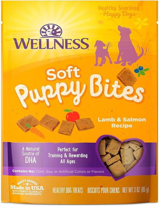 Wellness Soft Puppy Bites Healthy Grain-Free Treats for Training, Dog Treats with Real Meat and DHA, No Artificial Flavors (Lamb & Salmon, 3-Ounce Bag)