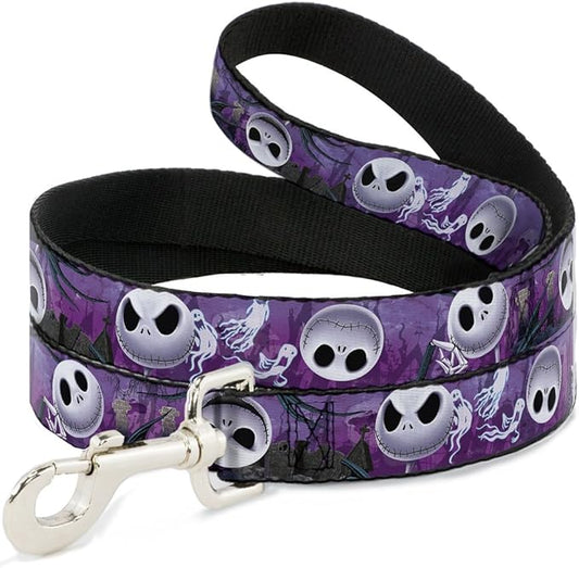 Buckle-Down Pet Leash - Jack Expressions/Ghosts in Cemetery Purples/Grays/White - 4 Feet Long - 1/2" Wide