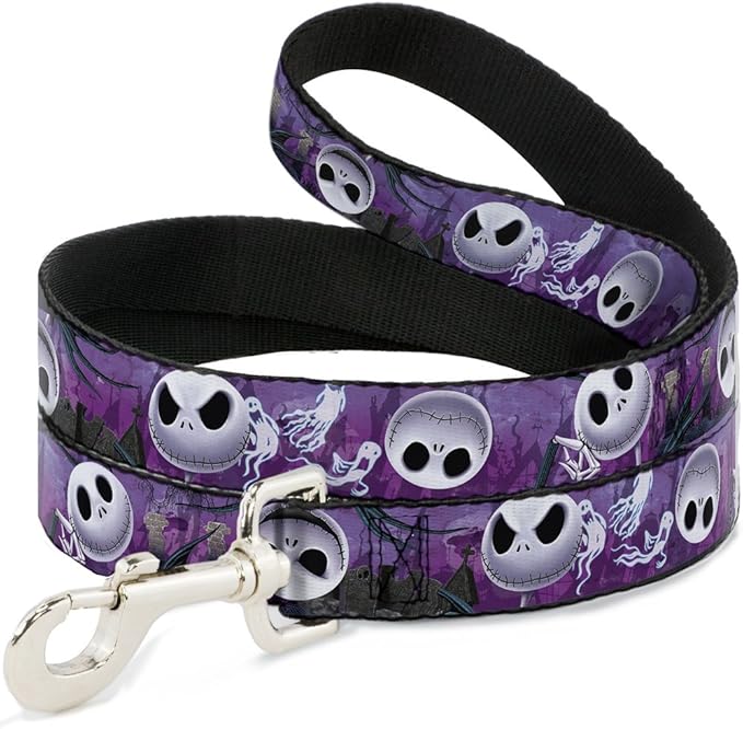 Buckle-Down Pet Leash - Jack Expressions/Ghosts in Cemetery Purples/Grays/White - 6 Feet Long - 1/2" Wide