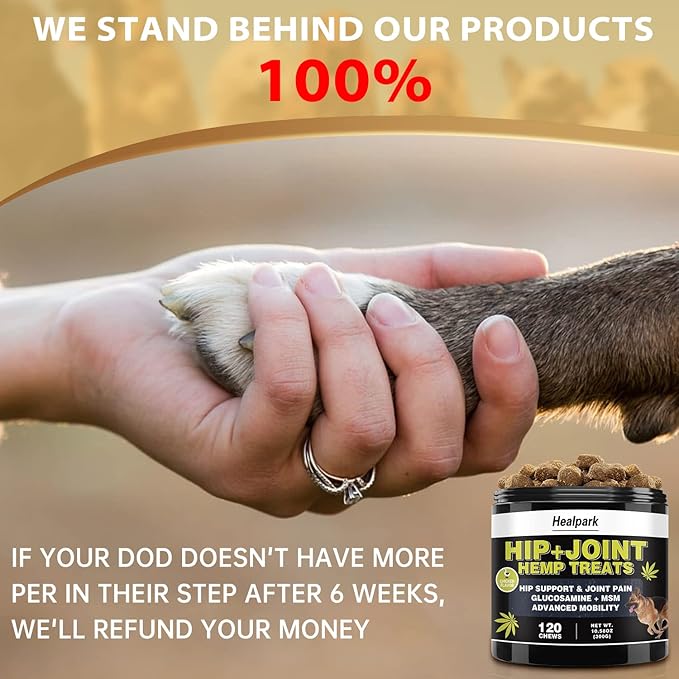 Hemp Hip and Joint Supplement for Dogs - Glucosamine for dogs - Chondroitin, Hemp Oil, MSM & Turmeric - Support Joint Mobility, Joint Pain Relief, Hip Dysplasia, Arthritis Health Care - 120 Chews