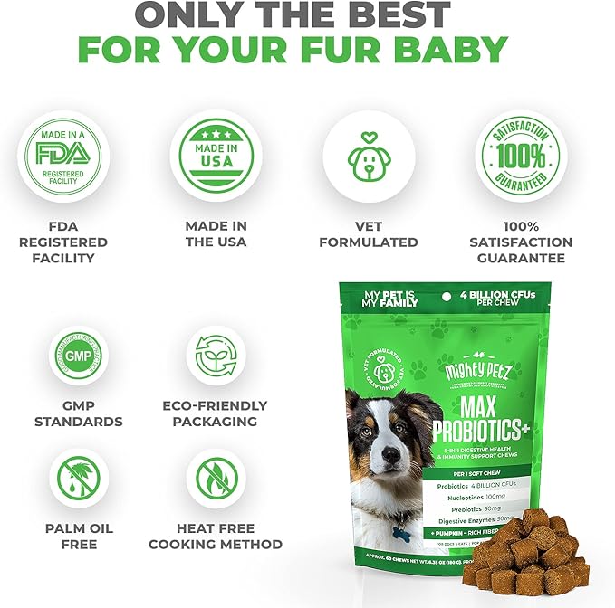 Mighty Petz MAX 5-in-1 Probiotics for Dogs - 4 Billion CFUs Probiotic Chews for Dogs and Digestive Enzymes + Prebiotic + Fiber. Gut Health, Anti Diarrhea, Allergy & Immunity Support