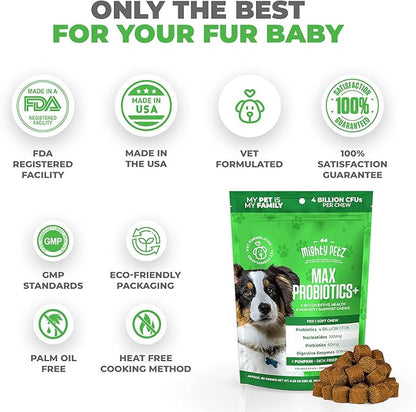 Mighty Petz MAX 5-in-1 Probiotics for Dogs - 4 Billion CFUs Probiotic Chews for Dogs and Digestive Enzymes + Prebiotic + Fiber. Gut Health, Anti Diarrhea, Allergy & Immunity Support
