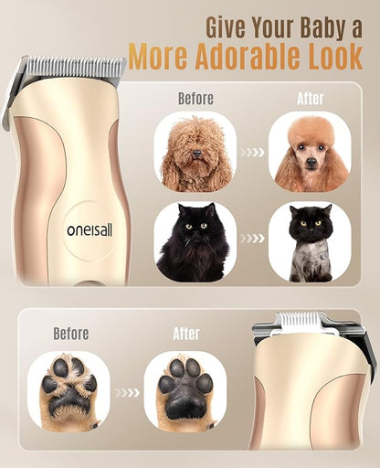 oneisall Dog Clippers for Grooming,2 in 1 Low Noise Dog Paw Trimmer with Double Blades,2 Speed Cordless Dog Grooming Clippers for Body, Paws, Ears and Face