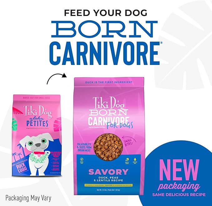 Tiki Dog Born Carnivore for Dogs, Savory Duck, Peas & Lentils Recipe, Grain Free Baked Kibble for Maximum Nutrition, For Adult Dogs and All Size Breed Dogs, 3.5 lbs Bag
