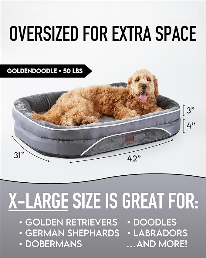 Orthopedic Dog Bed for Extra Large Dogs, Dog Couch Design with Egg Foam Support, Removable, Machine Washable Plush Cover and Non-Slip Bottom with Four Sided Bolster Cushion (Gray)