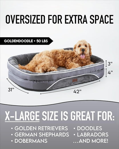 Orthopedic Dog Bed for Extra Large Dogs, Dog Couch Design with Egg Foam Support, Removable, Machine Washable Plush Cover and Non-Slip Bottom with Four Sided Bolster Cushion (Gray)