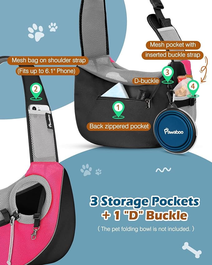 Pawaboo Dog Sling Carrier, Dog Papoose with Zipper Touch Pocket, Hand Free Breathable Mesh Puppy Carrier, Crossbody Satchel Dog Purse with Adjustable Strap for Outdoor Travel, Pink, Large