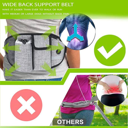 Waist Leash for Dog Walking - Hands Free Dog Leash with Multi Pouches, Wide Back Support Belt Bungee Dog Leash, Dog Waist Belt Leash for Walking, Running, Hiking, Training (Gray)