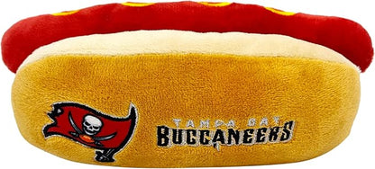 Pets First NFL Tampa Bay Buccaneers HOT Dog Plush Dog & CAT Squeak Toy - Cutest HOT-Dog Snack Plush Toy for Dogs & Cats with Inner Squeaker & Beautiful Football Team Name/Logo 8 x 5 x 3 Inches