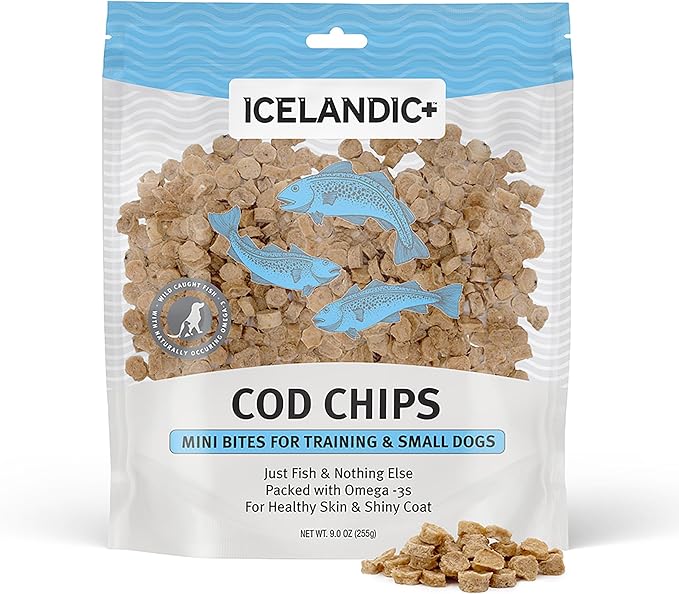 Icelandic+ Mini Fish Chips: Cod 9oz - Dog Treats, for Training & Small Dogs, 2 Ingredient Air-Dried Crunchy Chips