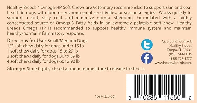 Healthy Breeds Shih Tzu Omega HP Fatty Acid Skin and Coat Support Soft Chews 60 Count