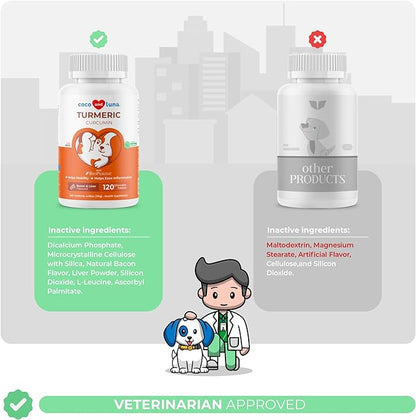 Turmeric for Dogs Anti Inflammatory Pain Relief - 120 Chewable Tablets Hip & Joint Support with Curcumin and BioPerine, Antioxidant, Cardiovascular Health